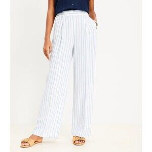 Wide Leg Striped Linen-Blend Pants in White and Light Blue